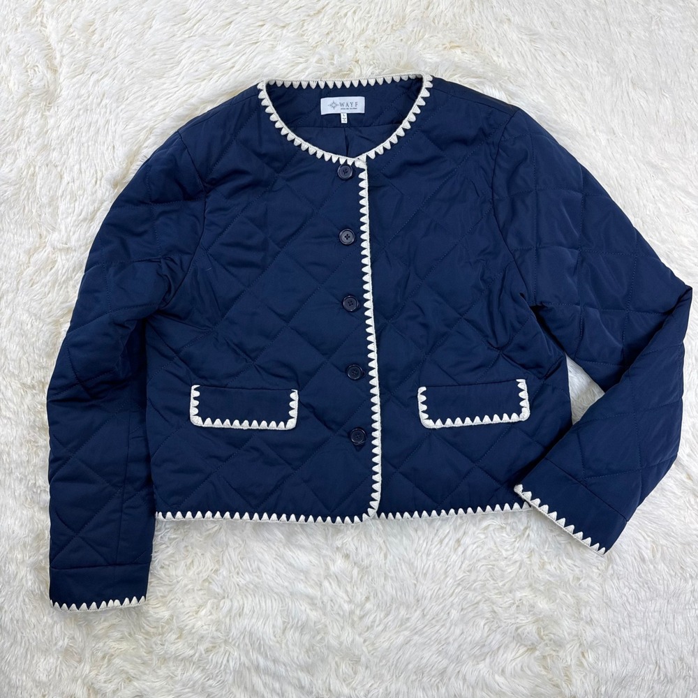 WAYF Quilted Jacket Women Large Navy Blue Crochet Trim Button Front Outerwear